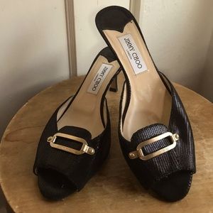 Jimmy Choo Black Kitten Heels Mules with Gold Accents